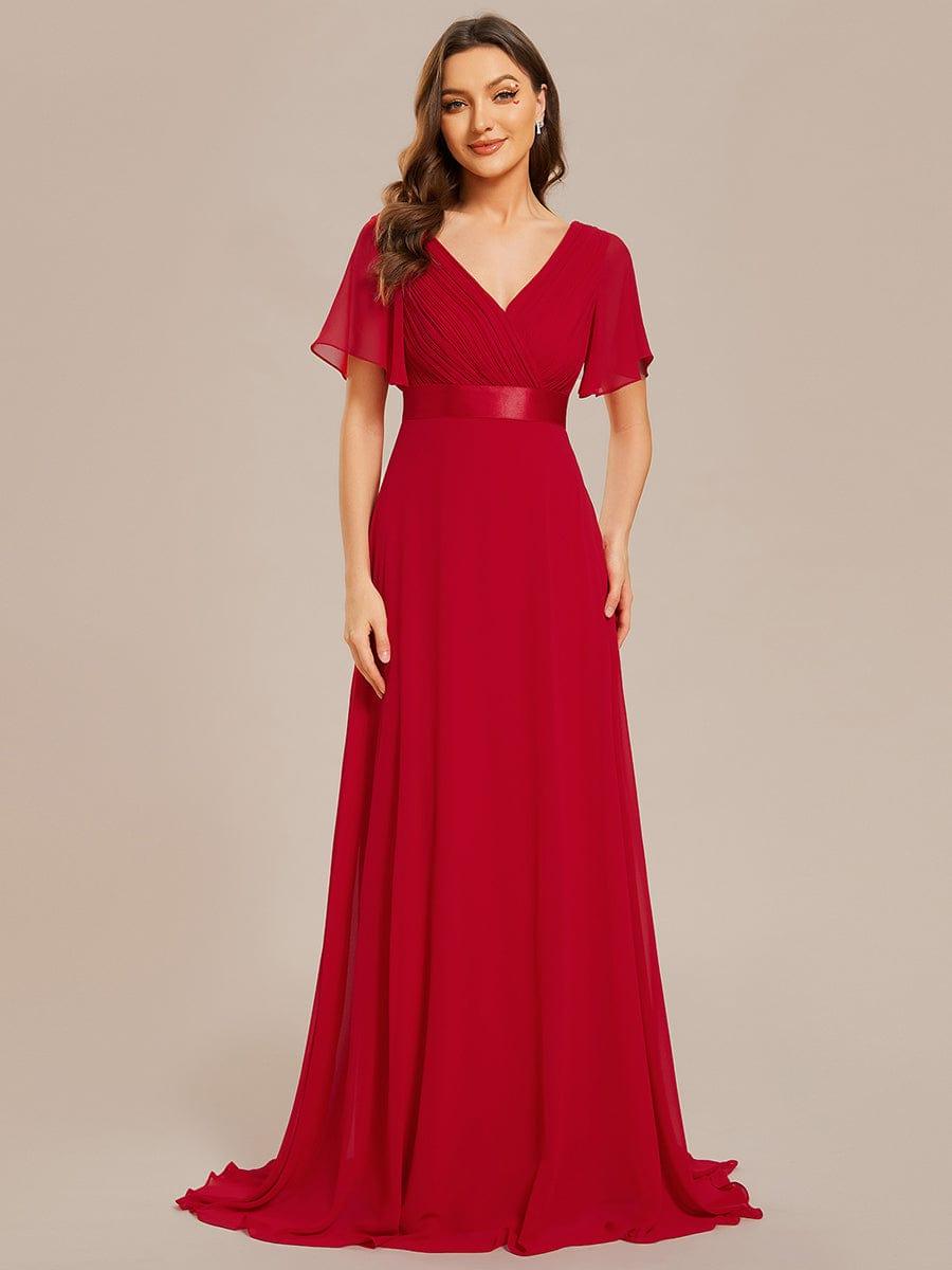ever MONICA|Long Empire Waist Bridesmaid Dress with Short Flutter Sleeves