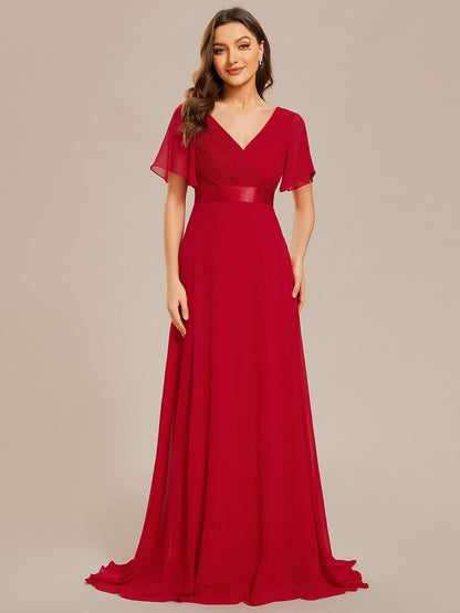 ever MONICA|Long Empire Waist Bridesmaid Dress with Short Flutter Sleeves