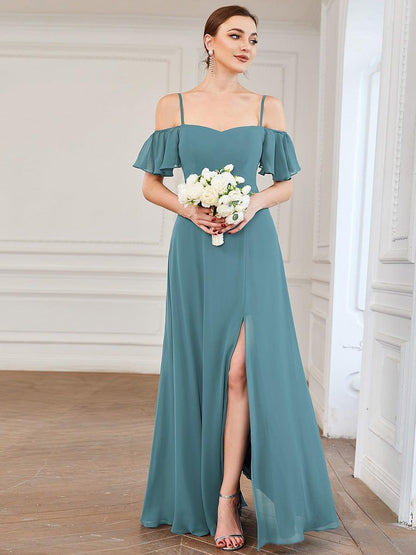 ever REYA|Cold Shoulder High Slit Chiffon Wedding Guest Dress