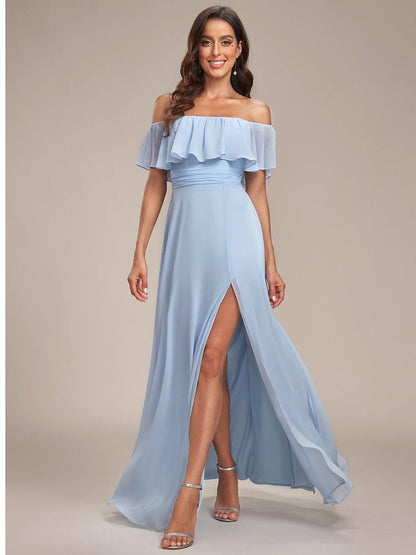 ever ÉMILE|Off the Shoulder Ruffle Bodice Long Flowy Chiffon Bridesmaid Dress