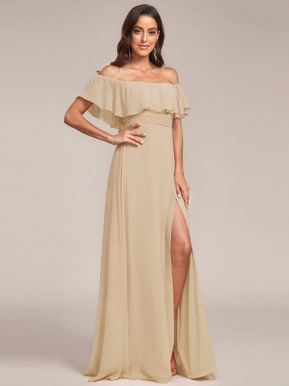 ever ÉMILE|Off the Shoulder Ruffle Bodice Long Flowy Chiffon Bridesmaid Dress