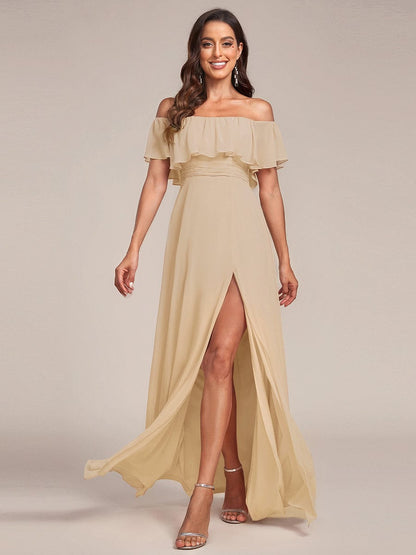 ever ÉMILE|Off the Shoulder Ruffle Bodice Long Flowy Chiffon Bridesmaid Dress