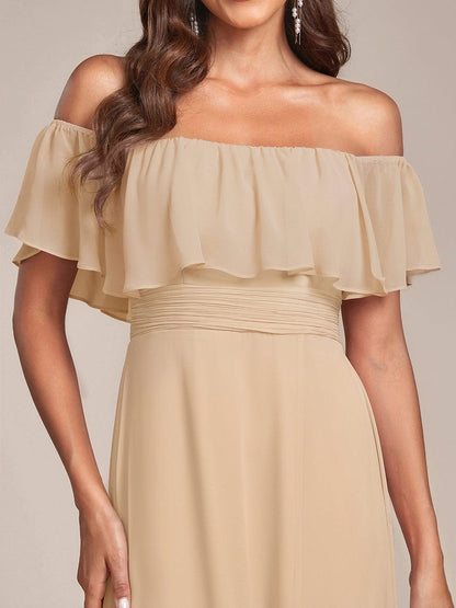 ever ÉMILE|Off the Shoulder Ruffle Bodice Long Flowy Chiffon Bridesmaid Dress