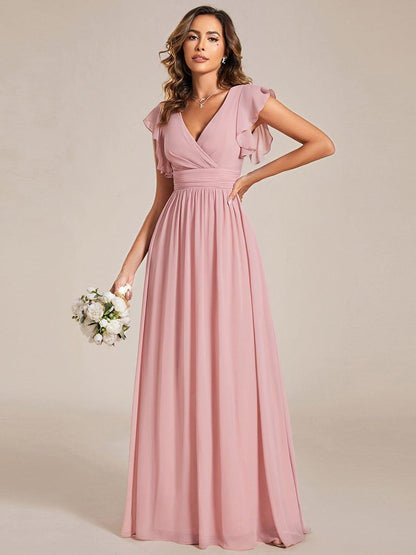 ever LILYANA|Back Cutout A-Line Pleated Ruffles Sleeve Chiffon Bridesmaid Dress