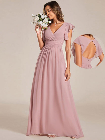 ever LILYANA|Back Cutout A-Line Pleated Ruffles Sleeve Chiffon Bridesmaid Dress