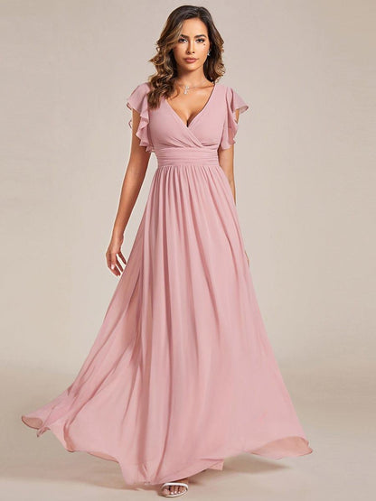 ever LILYANA|Back Cutout A-Line Pleated Ruffles Sleeve Chiffon Bridesmaid Dress
