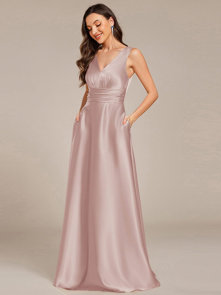 ever INDY|V-neck Empire Waist Satin Maxi Bridesmaid Dress with Pockets