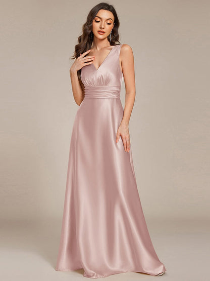 ever INDY|V-neck Empire Waist Satin Maxi Bridesmaid Dress with Pockets