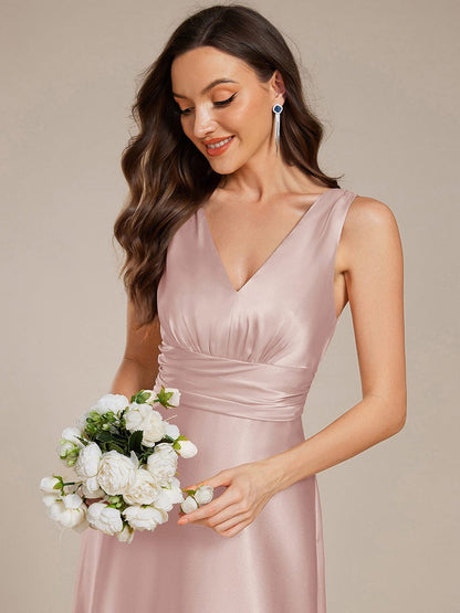 ever INDY|V-neck Empire Waist Satin Maxi Bridesmaid Dress with Pockets
