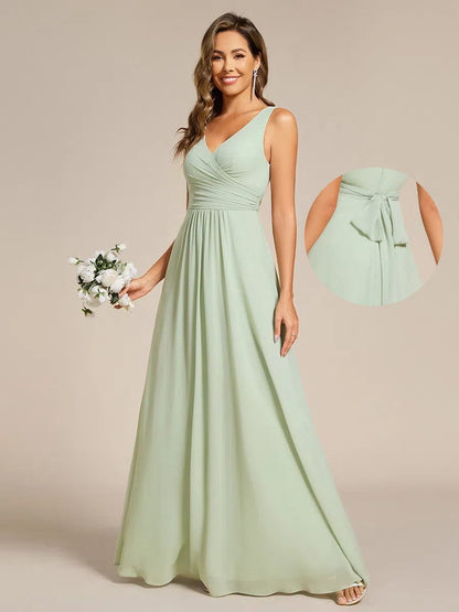 ever SAUYER|Strapless Pleated V-Neck A-Line Maxi Chiffon Bridesmaid Dress