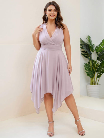 pretty ELORA|Plus Size Double V Neck Ruched-Waist Midi Chiffon Bridesmaid Dress