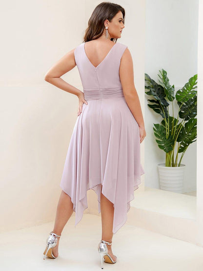 pretty ELORA|Plus Size Double V Neck Ruched-Waist Midi Chiffon Bridesmaid Dress