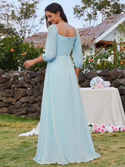 ever DANICA|High-Slit Waist Pleated Off Shoulder Chiffon Bridesmaid Dress with Long Sleeves