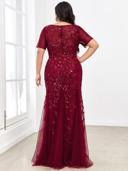 pretty JADEN|Floral Sequin Print Plus Size Mermaid Tulle Evening Dress