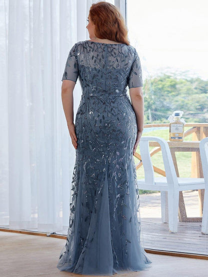 ever JADEN|Floral Sequin Maxi Fishtail Tulle Formal Evening Dress with Short Sleeve