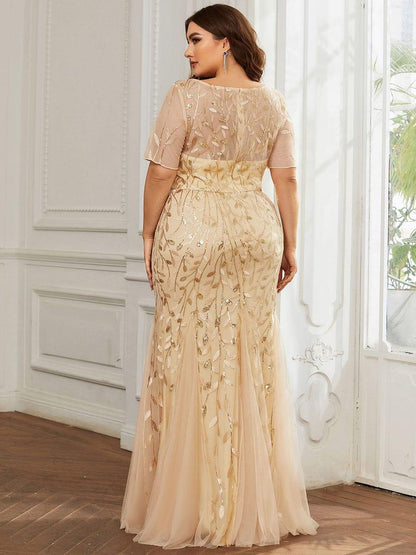 ever JADEN|Floral Sequin Maxi Fishtail Tulle Formal Evening Dress with Short Sleeve