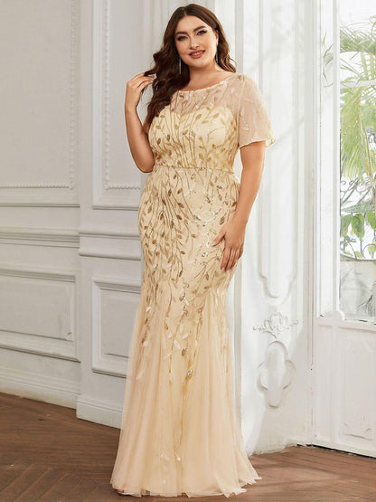pretty JADEN|Floral Sequin Print Plus Size Mermaid Tulle Evening Dress