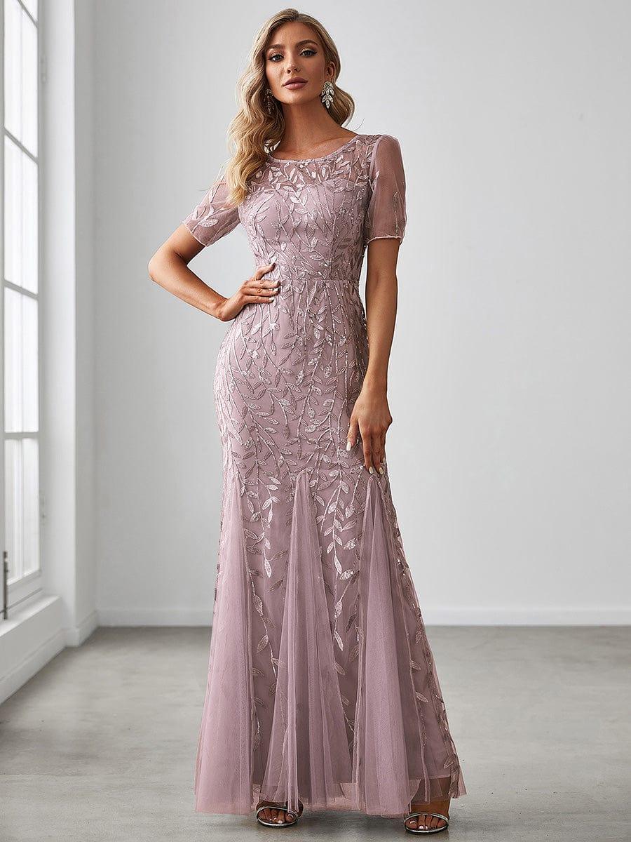 ever JADEN|Floral Sequin Maxi Fishtail Tulle Formal Evening Dress with Short Sleeve