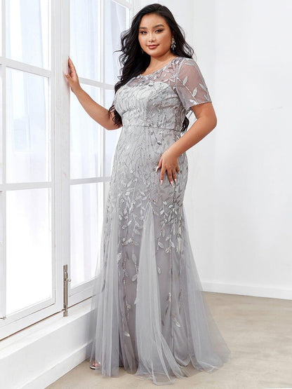 pretty JADEN|Floral Sequin Print Plus Size Mermaid Tulle Evening Dress