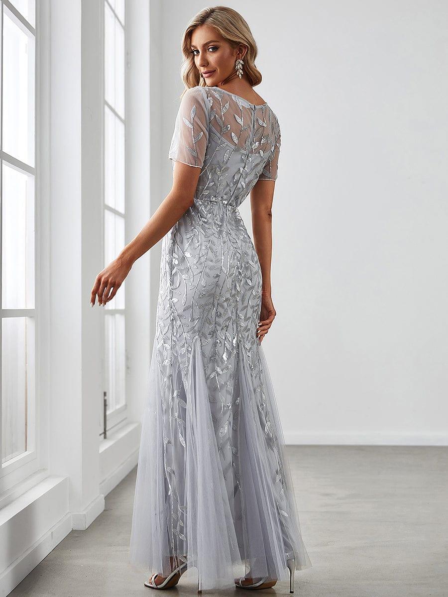 ever JADEN|Floral Sequin Maxi Fishtail Tulle Formal Evening Dress with Short Sleeve