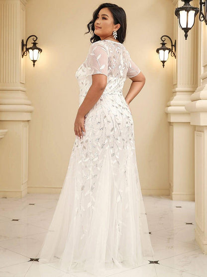 pretty JADEN|Floral Sequin Print Plus Size Mermaid Tulle Evening Dress