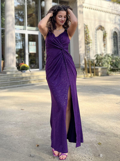 ever NOIRE|Sequin Shoulder Strap Twist High Slit Prom Dress