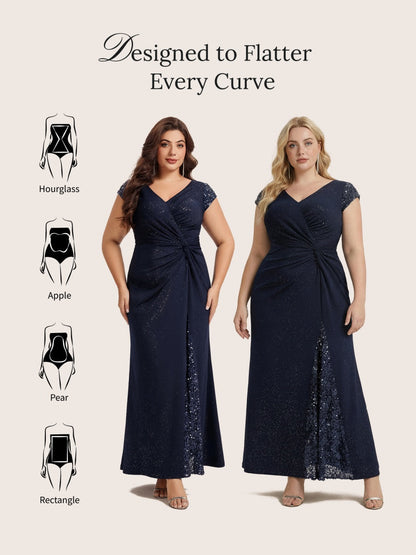 pretty KAIA|Plus Size Knotted Knit Cap Sleeve Maxi Glitter Evening Dress