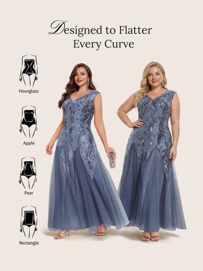 pretty FREYA|Plus Size V-Neck Sequin High Stretch Cap Sleeve Tulle Formal Dress