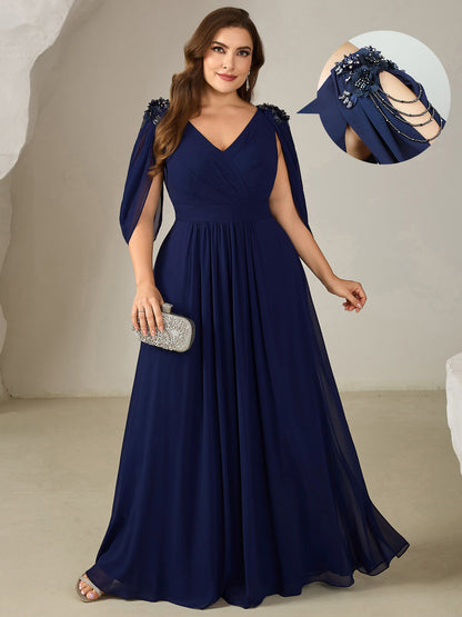 pretty LOLA|Plus Size Floral Chiffon See-Through Sleeve Evening Dress