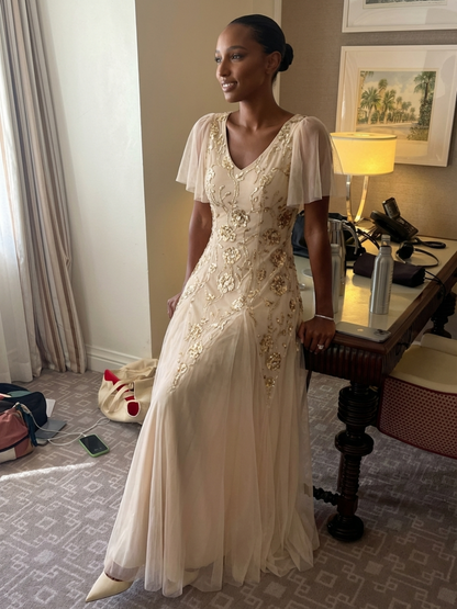 ever ORLA|Floral Embroidered Sequin Ruffle Sleeve Tulle Evening Dress