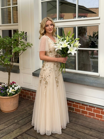 ever ORLA|Floral Embroidered Sequin Ruffle Sleeve Tulle Evening Dress