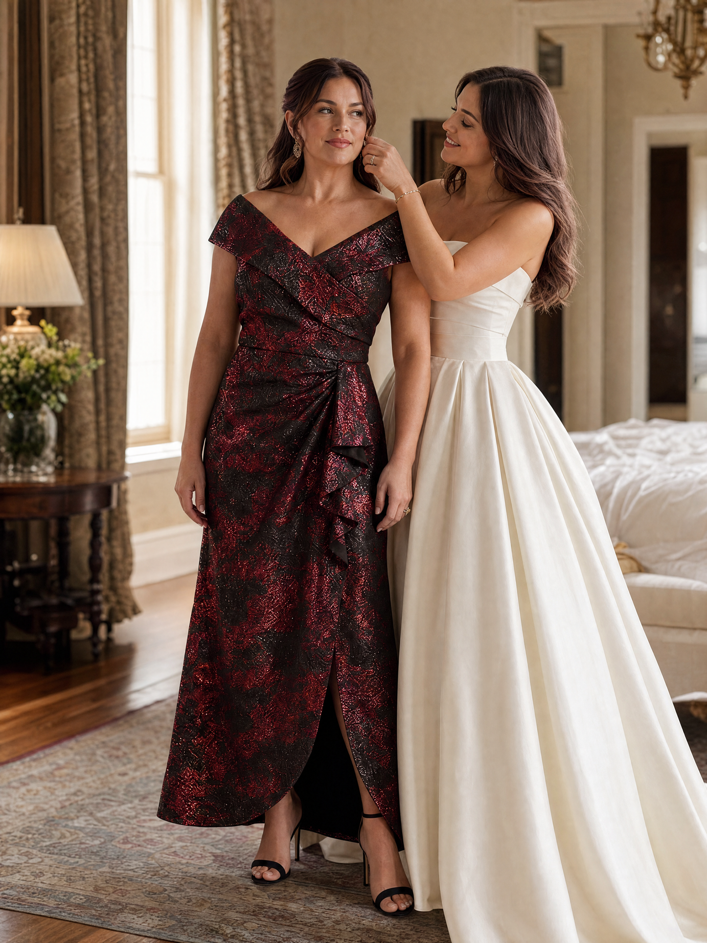 Plus Size Slit Jacquard Cap Sleeve Evening Dress
