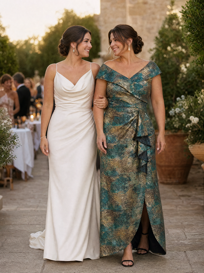 Plus Size Slit Jacquard Cap Sleeve Evening Dress