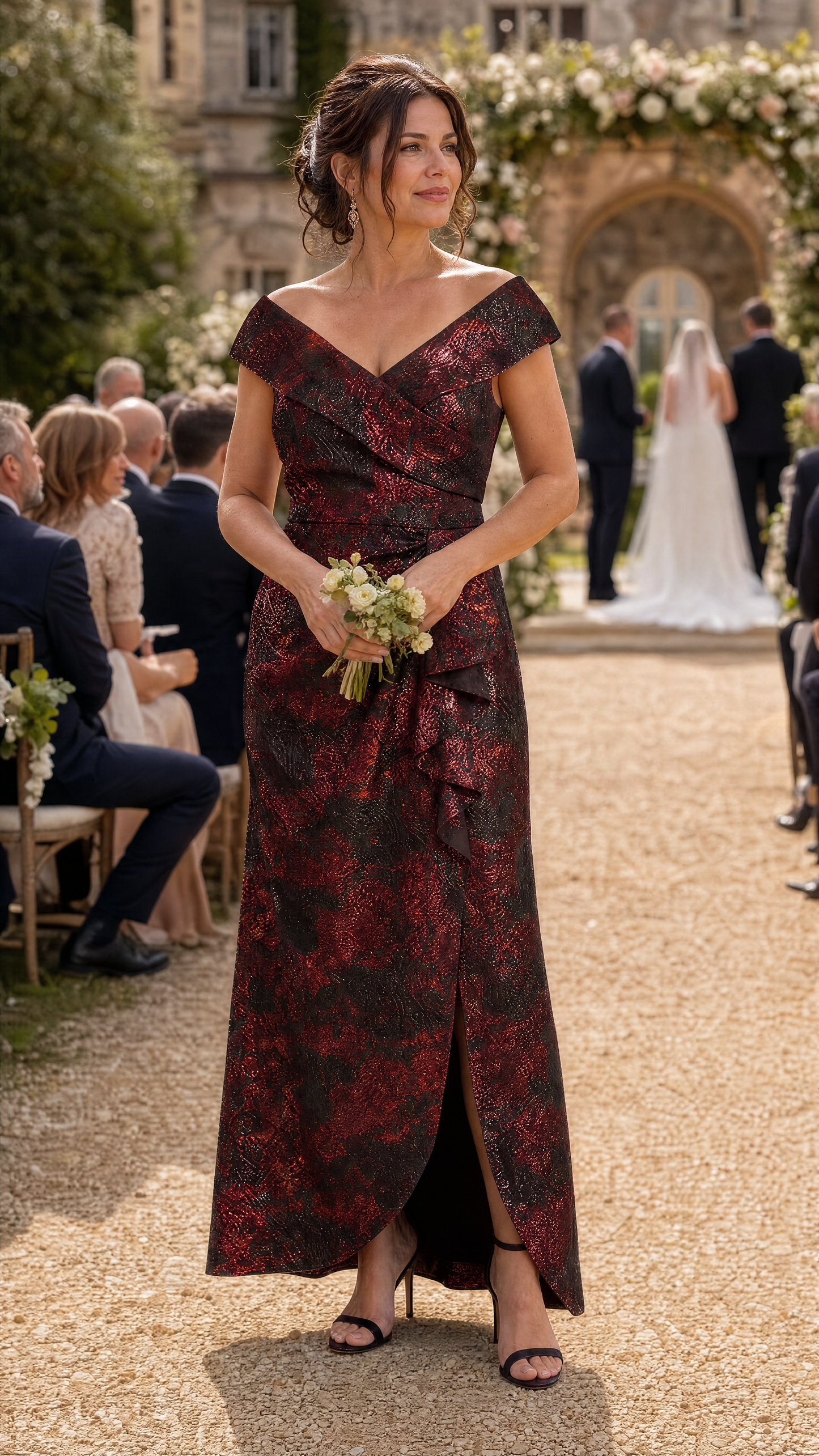 Ruffle Jacquard Cap Sleeve Evening Dress